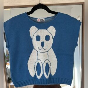 Vintage Cristin Stevens Blue Bear Knitted Crew Neck Cap Sleeve Sweater Sz Medium